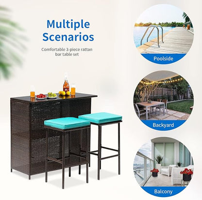 FDW 3PCS Patio Bar Set Outdoor Furniture Set Wicker Bistro Set with Two Stools for Patio Backyard Balcony,Blue Cushion