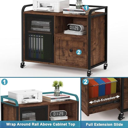 BON AUGURE Filing Cabinet for Home Office, Rolling Lateral File Cabinet with Storage, Wood Metal Printer Stand with Drawer (Rustic Oak)