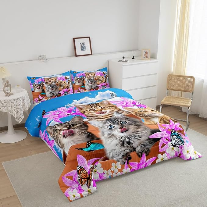 Kids Cute Cat Bedding Set Cartoon Pet Cats Kittens Comforter Set Cat Lovers Animal Themed Comforter for Boys Girls Purple Floral Butterflies Print Down Alternative Comforter Room Decor Full Size