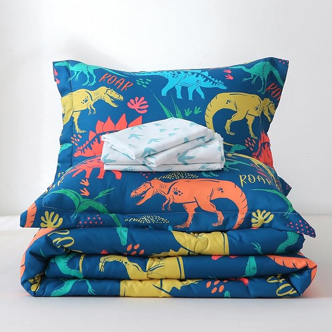 Wajade Boys Dinosaur Comforter Set Bed in A Bag Full Size 7 Piece 3D Blue Dinosaur Print Bedding Set for Kids Teens(1 Comforter, 1 Flat Sheet, 1 Fitted Sheet, 2 Pillowcase and 2 Pillow Sham)