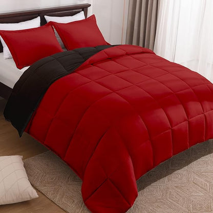 Basic Beyond King Size Comforter Set - Fluffy King Bed Comforter Set for All Seasons - Reversible Red Comforter Set King - 3 Pieces (1 Comforter + 2 Pillow Shams) - Red/Black