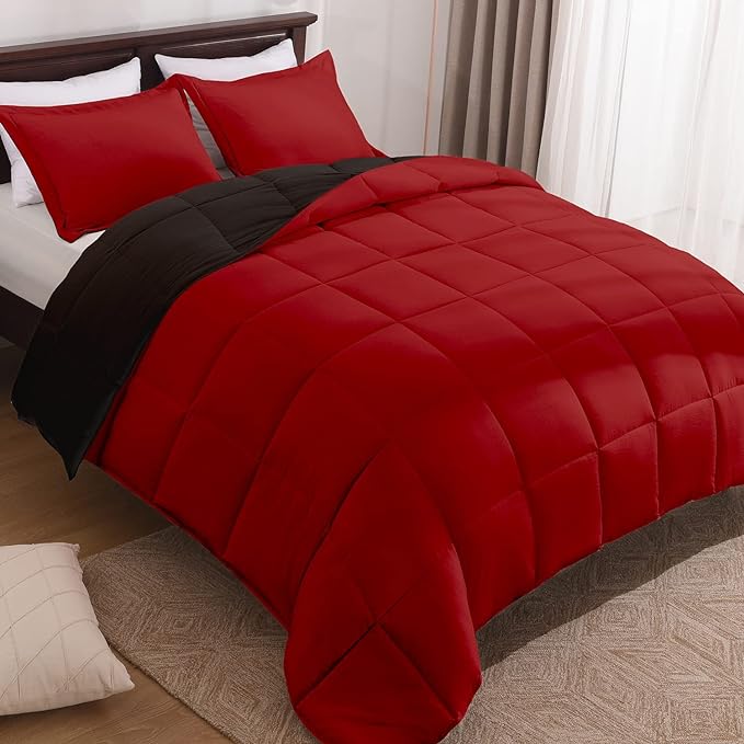 Basic Beyond Twin Comforter Set for Girls and Boys - Fluffy Twin Bed Comforter Set for All Seasons - Reversible Kids Twin Comforter Set - 2 Pieces (1 Comforter + 1 Pillow Sham) - Red/Black