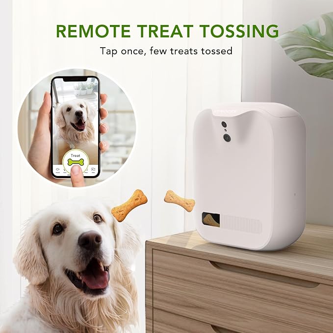 Pet Monitoring Camera Dog Treat Dispenser [New 2023 Pro] Two-Way Audio HD WiFi Dog Camera with 130° View, Remote Tossing App Compatible with Android/iOS, Night Vision, Wall Mounted