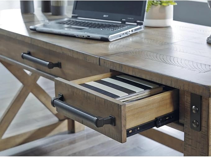 Signature Design by Ashley Aldwin Rustic Farmhouse 60" Home Office Lift Top Desk with Charging Ports, Distressed Gray