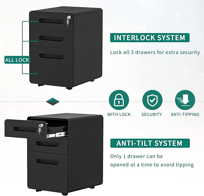 YITAHOME 3-Drawer Metal Mobile File Cabinet, Rolling Filing Cabinet with Lock, Filing Cabinet Under Desk fits Legal/A4 Size for Home/Office, Fully Assembled,Black