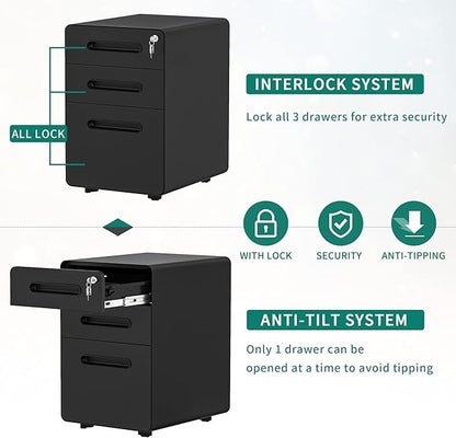 YITAHOME 3-Drawer Metal Mobile File Cabinet, Rolling Filing Cabinet with Lock, Filing Cabinet Under Desk fits Legal/A4 Size for Home/Office, Fully Assembled,Black