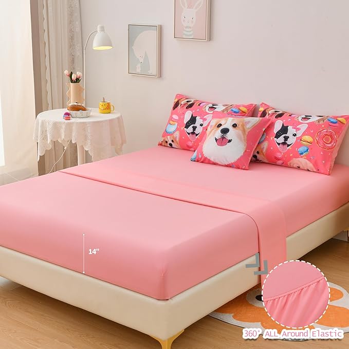 DORCAS Pink Twin Comforter Set for Girls Cute Dog Bedding Sets Twin Girls 6 Pieces Animal Twin Bed-in-A-Bag with Comforter,Sheets,Pillowcases for Kids