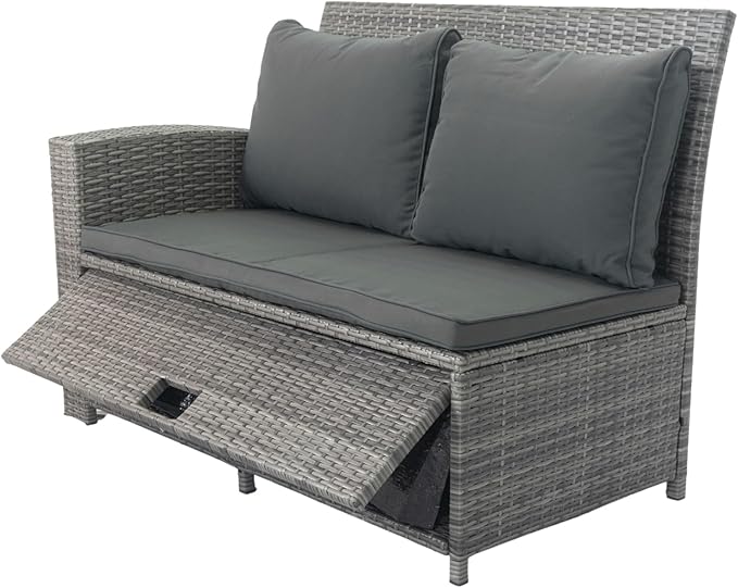 5 Pieces Outdoor Rattan Patio Furniture Sectional, Seater Conversation Set with 3 Storage Under Seat Wicker + Dark Cushion for Backyard, Deck, Poolside, Zl-Grey