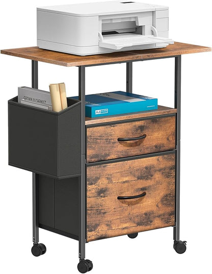 Mobile File Cabinet, 2 Fabric Drawer Filing Cabinet with Side Bag, Rolling Storage Organizer for Home Office, Vertical Printer Stand, Fits A4/Letter Size (Rustic Brown)