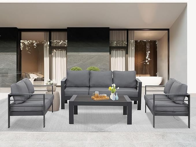 Wisteria Lane Aluminum Outdoor Patio Furniture Set, Modern Patio Conversation Sets, Outdoor Sectional Metal Sofa with 5 Inch Cushion and Coffee Table for Balcony, Garden, Dark Grey