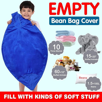Lukeight Stuffed Animal Storage Bean Bag Chair Cover for Kids, Zipper Beanbag Chair Cover for Organizing Toddler & Kids' Rooms Plush Toys (Solid Blue, Large)