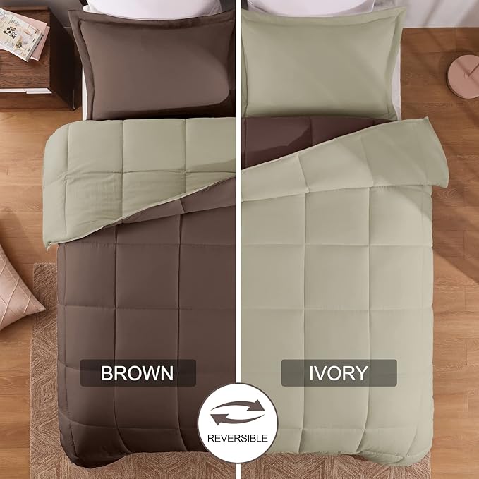 Basic Beyond King Size Comforter Set - Fluffy King Bed Comforter Set for All Seasons - Reversible Bedding King Size Comforter Set - 3 Pieces (1 Comforter + 2 Pillow Shams) - Brown/Ivory