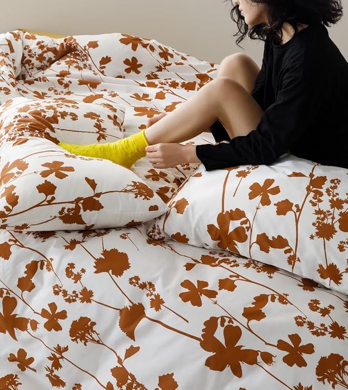 Botanical Comforter Set Twin White and Pumpkin Floral Plant Bedding Comforter Set Girls Garden Pattern Printed on White Blanket Rustic Leaf Blossom Women White Farmhouse Comforter Twin