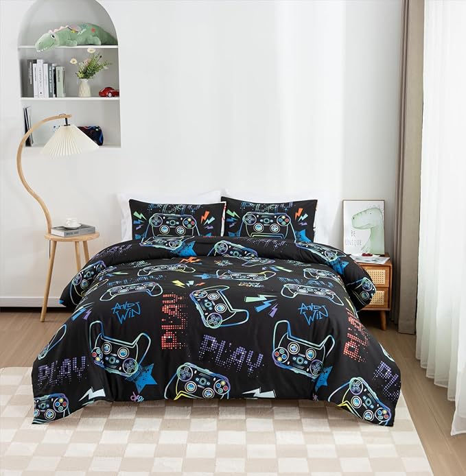 Meeting Story Gamer Gaming Bedding Sets Fluorescence Gamepad Comforter Set for Boys Games Console Action Buttons Novelty Colorful Modern Room Decor Home Quilt Set (Black, Full)
