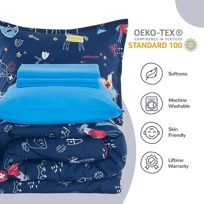 SLEEP ZONE Kids Twin Size Bedding Comforter Set 5 Pieces Breathable All Season Use for Boys (Knight‘s Tale, Twin)