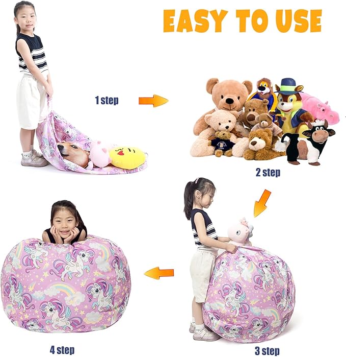Stuffed Animal Storage Bean Bag Chair Cover, Hold Kids Plush Toys Blankets Towels Beanbag (Cover Only), Canvas Floor Circle Stuff Sit Seat Sofa with YKK Zipper, Extra Large 38", Unicorn