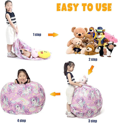 Stuffed Animal Storage Bean Bag Chair Cover, Hold Kids Plush Toys Blankets Towels Beanbag (Cover Only), Canvas Floor Circle Stuff Sit Seat Sofa with YKK Zipper, Extra Large 38", Unicorn