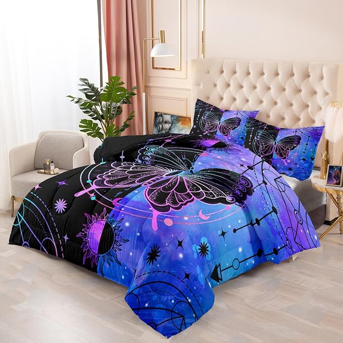 Butterfly Comforter - Butterfly Bed Set - Boho Butterfly Sun and Moon Printed Bedding Sets, Queen Size Comforter Set for Girls, Black Blue Butterfly Comforter Set Queen with 2 Pillowcases