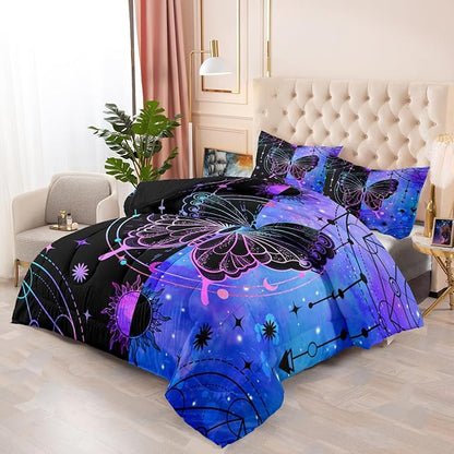 Butterfly Comforter - Butterfly Bed Set - Boho Butterfly Sun and Moon Printed Bedding Sets, Queen Size Comforter Set for Girls, Black Blue Butterfly Comforter Set Queen with 2 Pillowcases