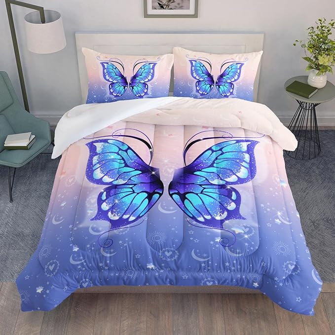 Datura home Bedding Comforter Set Pink Purple Butterfly Printed Pattern Quilt with 1 and 2 Pillowcases for Girls Bedroom All Season(Butterfly Queen) Queen 90x90inches