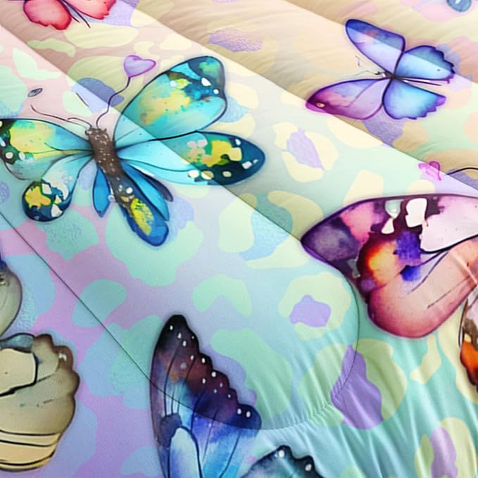 Datura home Kids Comforter Set Butterfly Printed Pattern Bedding Set with 1 Comforter and 2 Pillowcases for Girls Boys Bedroom All Season(Butterfly0 Queen)
