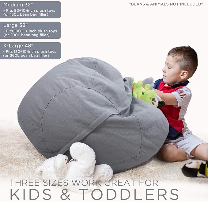 Aubliss Stuffed Animal Storage Bean Bag Chair Cover (No Beans)，Stuff and Sit Storage Bean Bag for Kids Toy Storage，Large 38"-Canvas Solid Grey