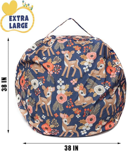 Stuffed Animal Storage Bean Bag Chair Cover, Hold Kids Plush Toys Blankets Towels Beanbag (Cover Only), Canvas Floor Circle Stuff Sit Seat Sofa with YKK Zipper, Extra Large 38", Fawn
