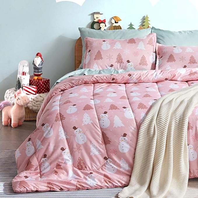 SLEEP ZONE Kids Twin Bedding Comforter Set - Super Cute & Soft Kids Bedding 5 Pieces Set with Comforter, Sheet, Pillowcase & Sham (Pink Snowman)