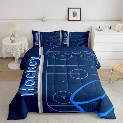 Feelyou Kids Ice Hockey Comforter Set King Size Ice Sports Games Bedding Set for Boys Girls Teens Bedroom Decor Hockey Player Comforter Puck Hockey Duvet Set with 2 Pillow Case