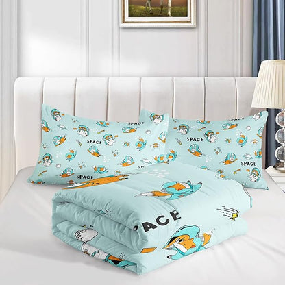 Kawaii Dog Rabbit Fox Comforter Set 3 Pieces Universe Galaxy Outer Space Bedding Set Astronaut Rocket Bed Quilt Set for Girls Boys Kids Blue