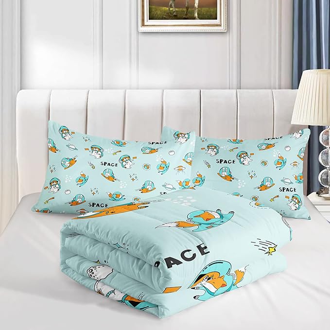 Kawaii Dog Rabbit Fox Comforter Set 3 Pieces Universe Galaxy Outer Space Bedding Set Astronaut Rocket Bed Quilt Set for Girls Boys Kids Blue