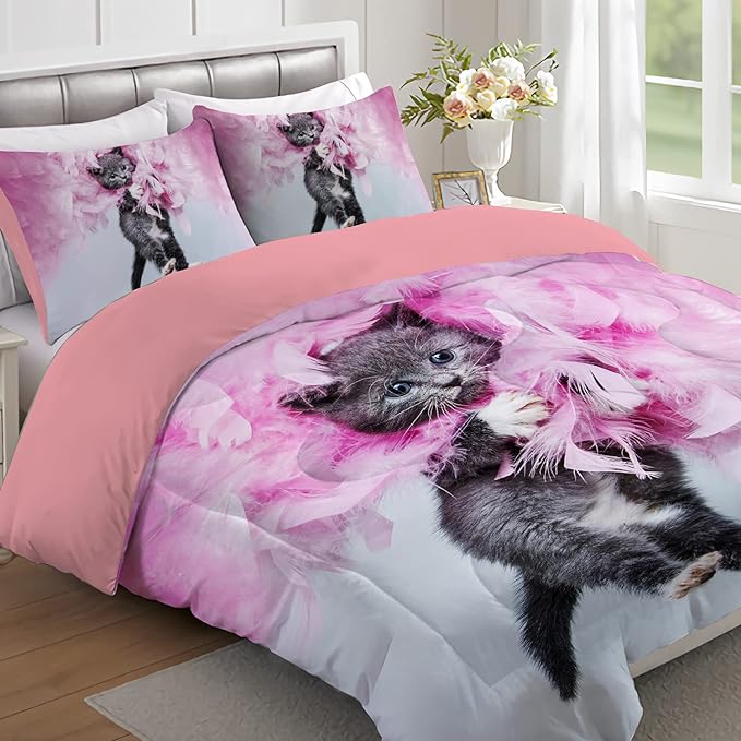 Cat Comforter Set Queen Size for Kids Pink Feathers Black Cat 3Pcs Bedding Set for boys and Girls (1Summer Comforter+ 2 Pillowcases) Lovely Animal Pets Duvet Set