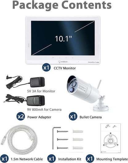 seQuro GuardPro 2 Wireless Security Camera System, 10.1-inch Touchscreen Monitor, 4CH DVR Kit, 1080p HD Outdoor Bullet Camera, Motion Detection, Night Vision, Waterproof, Free App, Home Security DVR