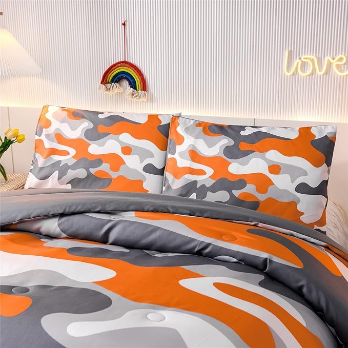 Meeting Story Kids Camo Bedding Set, Army Camouflage Bedding King Comforter Set for Boys Girls Teens Bedroom Decoration, 3Pcs (Orange, King)