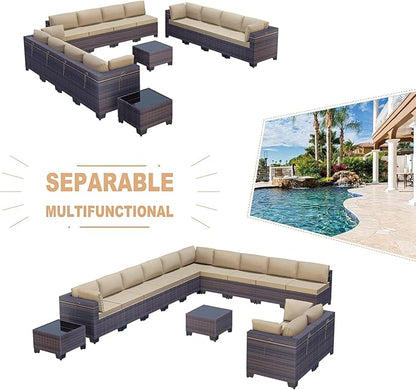 Kullavik 14PCS Outdoor Patio Furniture Set PE Wicker Rattan Sectional Sofa Patio Conversation Sets,Sand