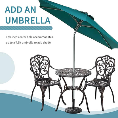 Outdoor Bistro Table and Chairs Set of 2 Cast Aluminum Patio Bistro Set with Umbrella Hole, All Weather Bistro Table Set for Garden, Bronze