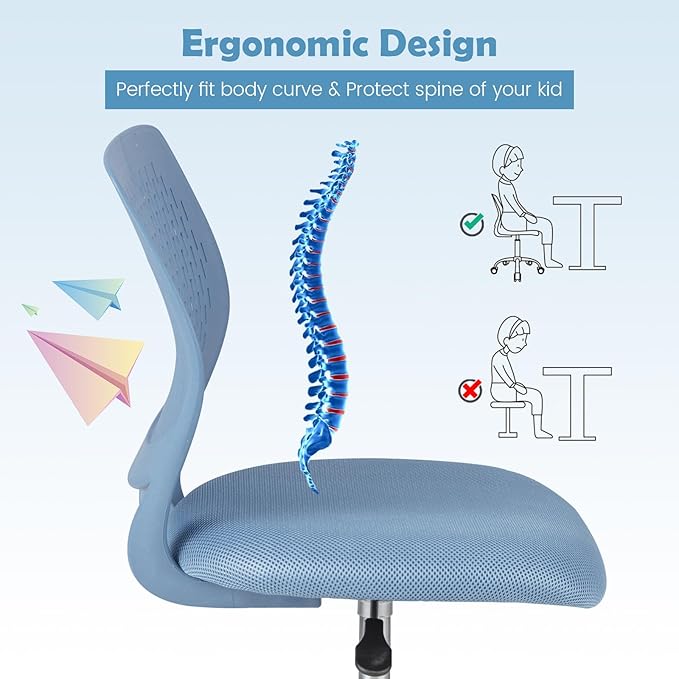 Kids Desk Chair, Blue Ergonomic Kids Office Chair Ages8-12 w/Lumbar Support, Low-Back Teen Desk Chair for Girls Boys, Small Cute Kids Computer Chair for Bedroom/Study/Vanity Desk