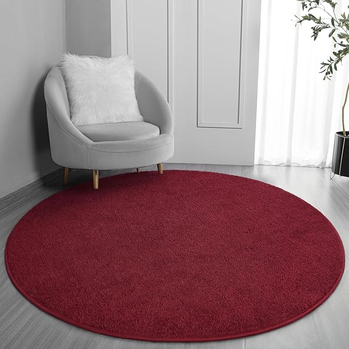 Round Area Rugs for Bedroom Living Room, 5x5 Rose Red Super Soft Comfy Thickened Memory-Foam Indoor Circle Carpets, Modern Aesthetic Minimalist Carpet for Boys Girls Adults Nursery Home Décor