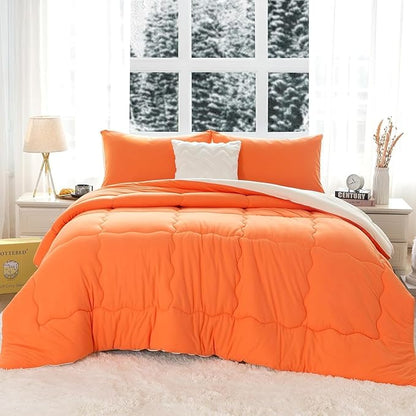 COTTEBED Warm Reversible Ultra-Soft Burnt Orange and Beige Comforter Set Queen, Breathable Fluffy Bedding Down Comforters Sets &2 Pillowshams for Women Girls Winter, Full/Queen Size Bed