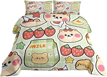 Datura home Kawaii Strawberry Bear Comforter Bedding Set for Kids Boys and Girls Teens, Cute Cartoon Fruit Print Light Green with 1 2 Pillowcases(Kawaii Twin 68x86inches)