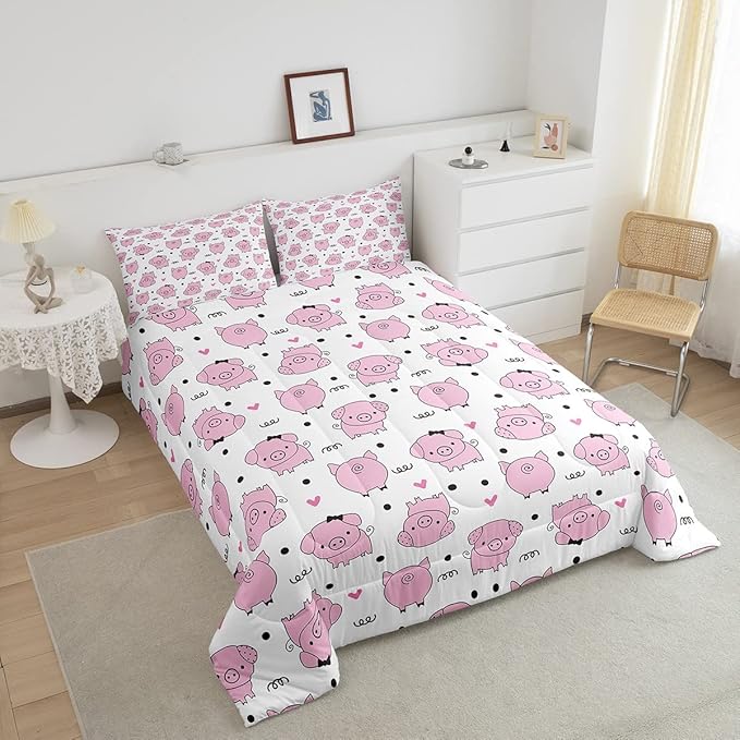 Erosebridal Pink Pig Comforter Set for Girls Kawaii Room Decor Twin,Cute Pigs Bedding Set for Kids Boys Children Farm Animal Quilted Duvet Sets Cartoom Style Soft Lightweight Down Comforter 2 Pcs