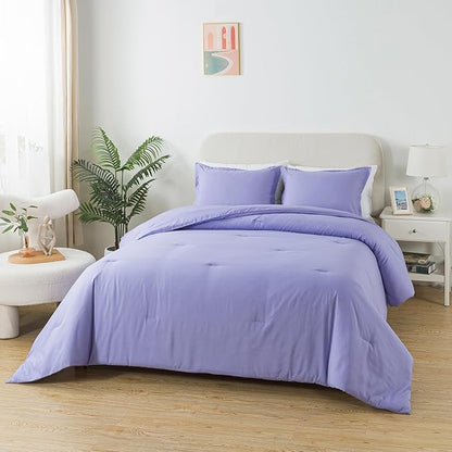 Queen Lavender Purple Comforter Set, Solid Luxury Skin-friendly Boho Bedding Set & Collections, Breathable Fluffy Microfiber 3 PCS (90"x90") Comforter Set for All Seasons with Pillowcases