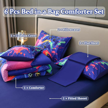 Full Size Gamer Comforter Set for Boys, Game Controller 6 Pcs Bed in a Bag Full Gaming Bediing Set for Boys Kids