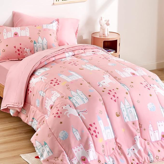 SLEEP ZONE Kids Bedding Comforter Set Full/Queen Size - Super Soft & Cute Printed 3-Piece Comforter Set All Seasons for Boys, Girls, Fade Resistant, Machine Washable, Unicorn Castle