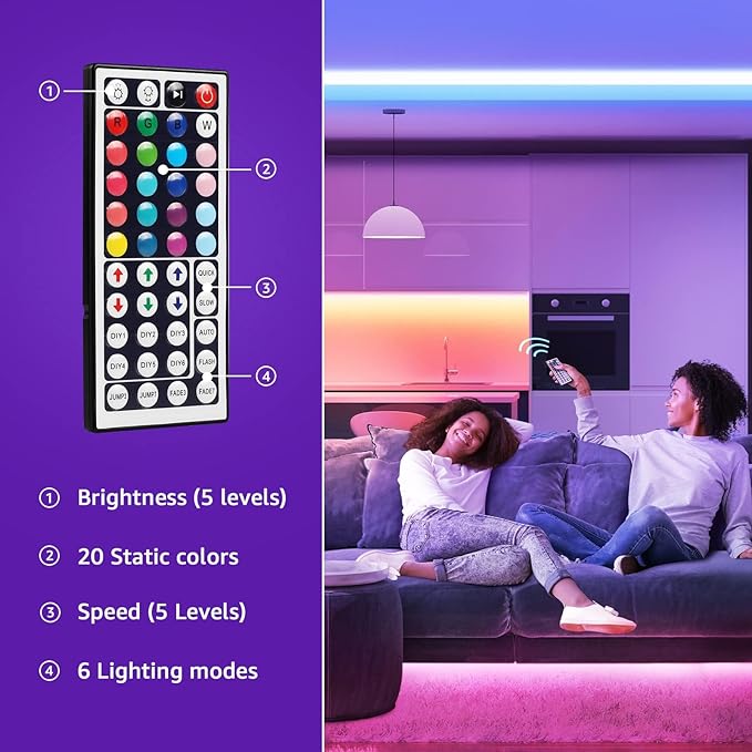 Lepro RGB LED Light Strips 32.8ft, Christmas Decorations, 5050 LED Color Changing Tape Light with 44 Key Remote and 12V Power Supply for Bedroom, TV Backlight, Kitchen, Bar
