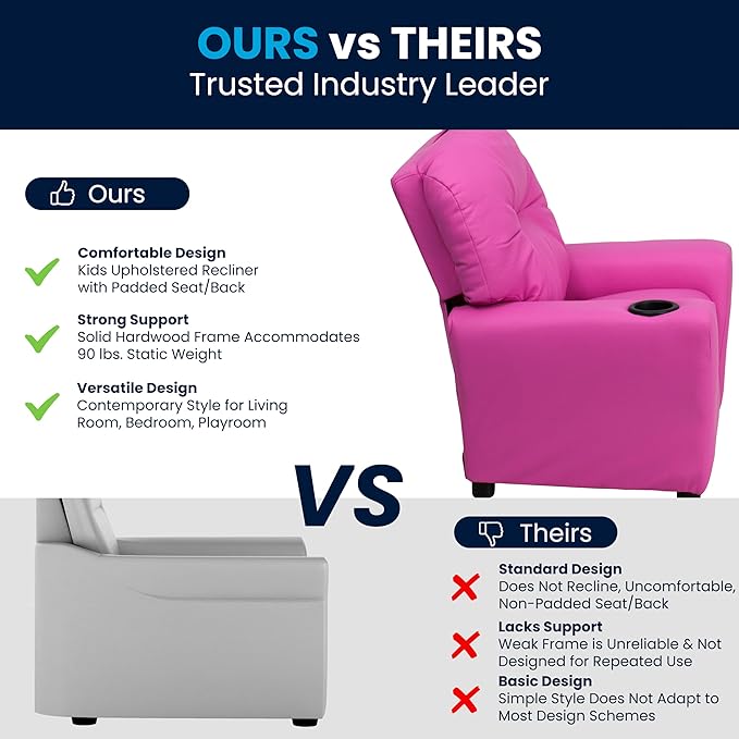 Flash Furniture Chandler Vinyl Kids Recliner with Cup Holder and Safety Recline, Contemporary Reclining Chair for Kids, Supports up to 90 lbs., Hot Pink