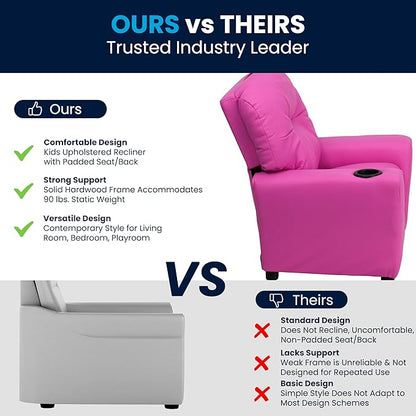 Flash Furniture Chandler Vinyl Kids Recliner with Cup Holder and Safety Recline, Contemporary Reclining Chair for Kids, Supports up to 90 lbs., Hot Pink