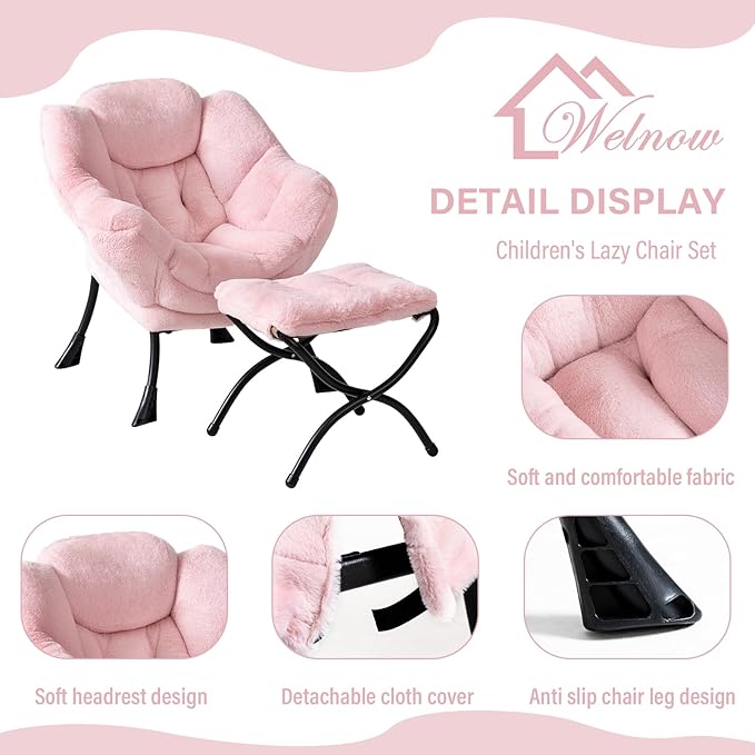 Welnow Toddler Kids Lazy Chair with Ottoman, Accent Comfy Lounge Children Armchair Couch with Armrest and Removable Cover, Detachable Reading Chair with Footrest for Boy or Girl, Plush Pink