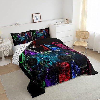 Gamer Bedding Sets for Boys, Gaming Down Comforter Full Size, Gamer Room Decor Bedding Kids Video Games Comforter Set, Sugar Skull Gamepad Bed Duvet Sets for Men Bedroom,with 2 Marble Pillow Sham