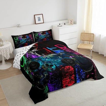 Gamer Bedding Sets for Boys, Gaming Down Comforter Queen Size, Gamer Room Decor Bedding Kids Video Games Comforter Set, Sugar Skull Gamepad Duvet Sets for Men Bedroom,with 2 Marble Pillow Sham